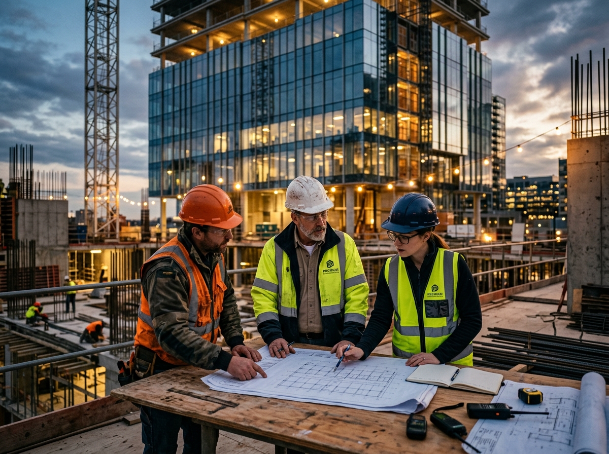 CANADACORP project managers reviewing architectural blueprints on-site at Toronto Bay Street headquarters